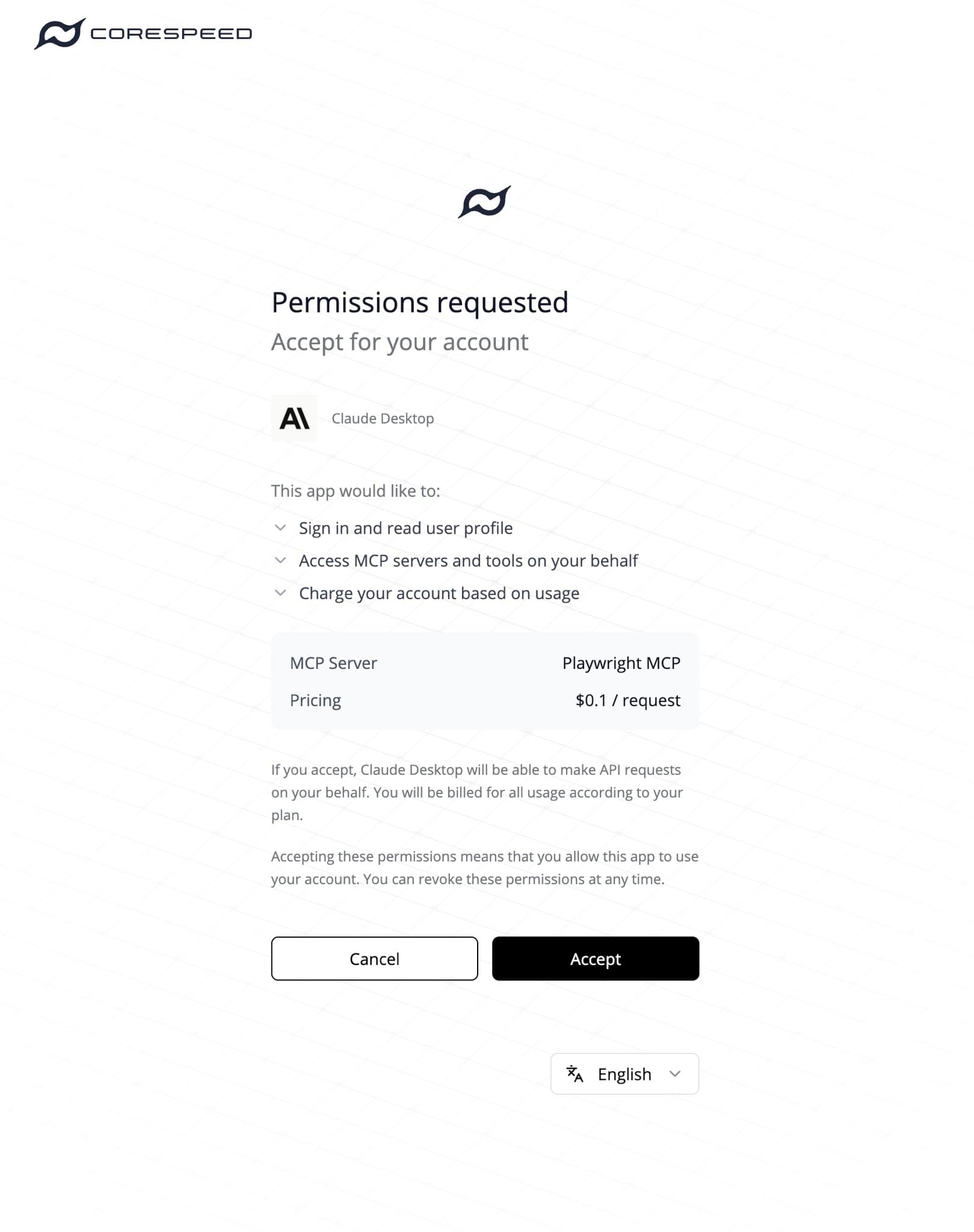 Historical CoreSpeed consent screen showing client permissions, an MCP server, per-request pricing, and Cancel and Accept buttons