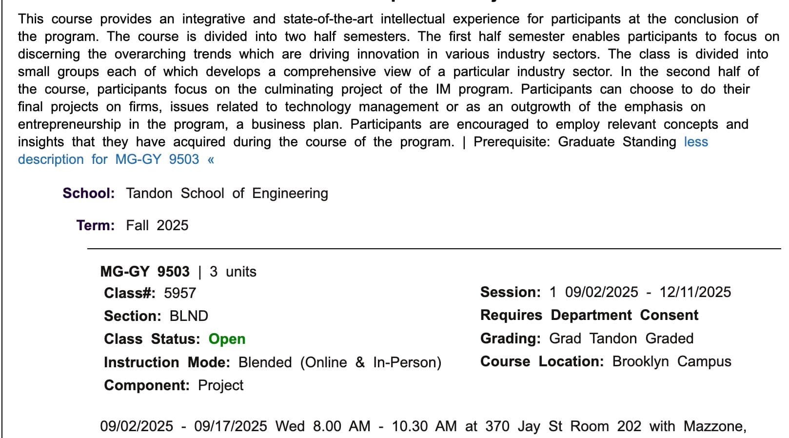 NYU Tandon Fall 2025 course listing for MG-GY 9503 showing three units and a project component