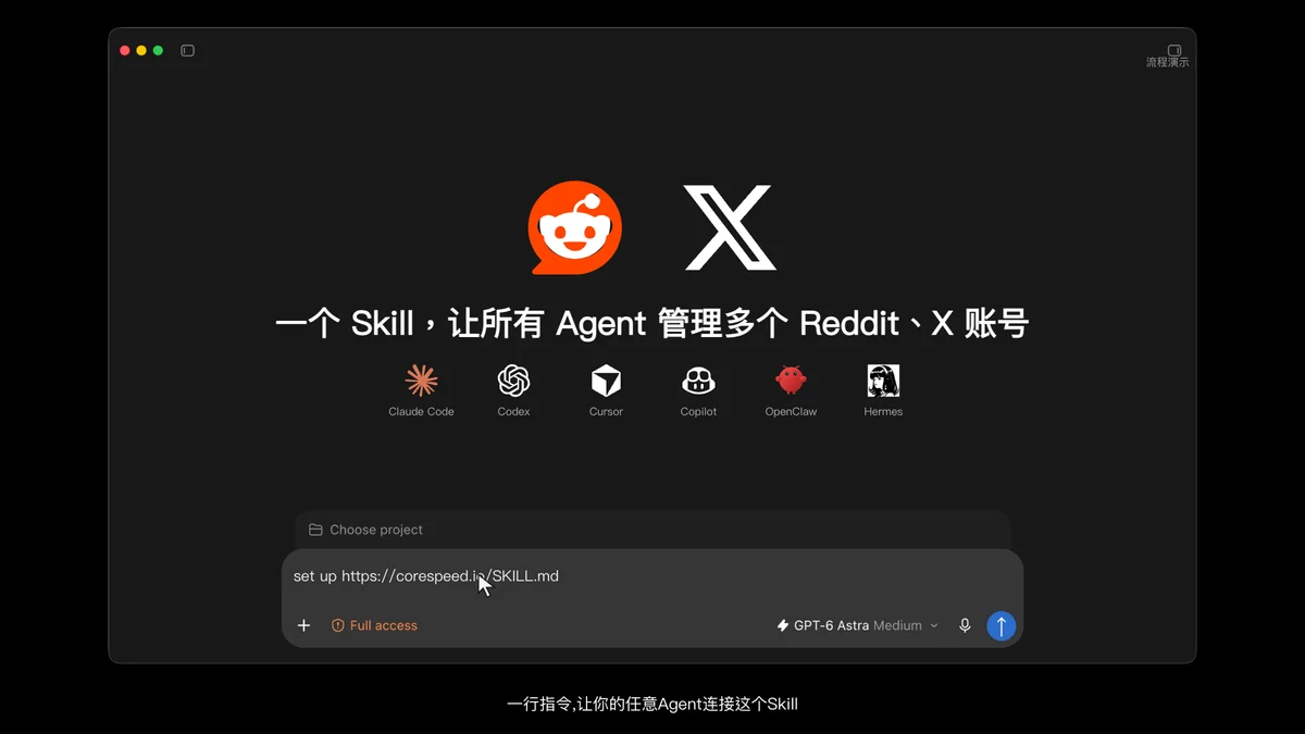一个 Skill，让所有 Agent 管理多个 Reddit、X 账号